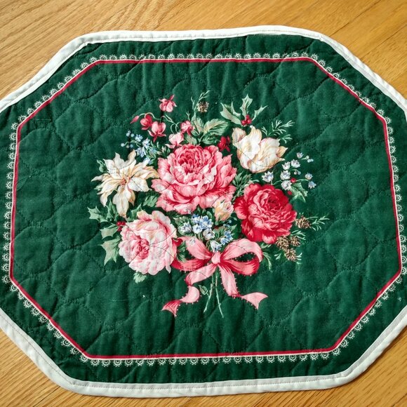 Vintage Quilted Placemats Pink Rose Green Set of 5 Handmade Dining Place Mats - Picture 5 of 16